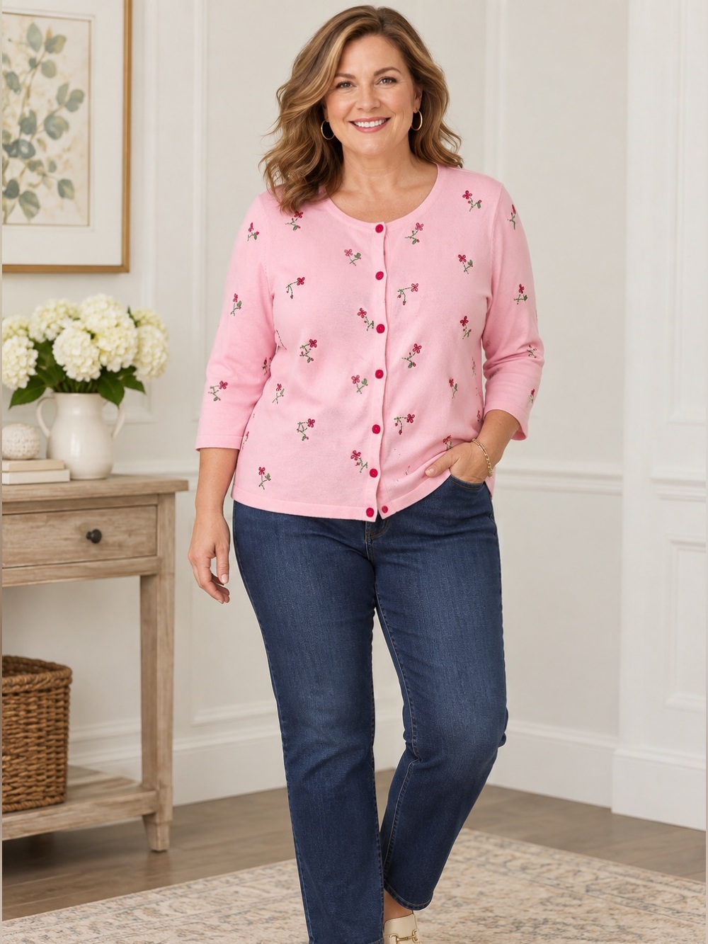 CJ Banks Womens X Pink Floral Embroidered 100% Cotton Cardigan Sweater 3/4 Sleev